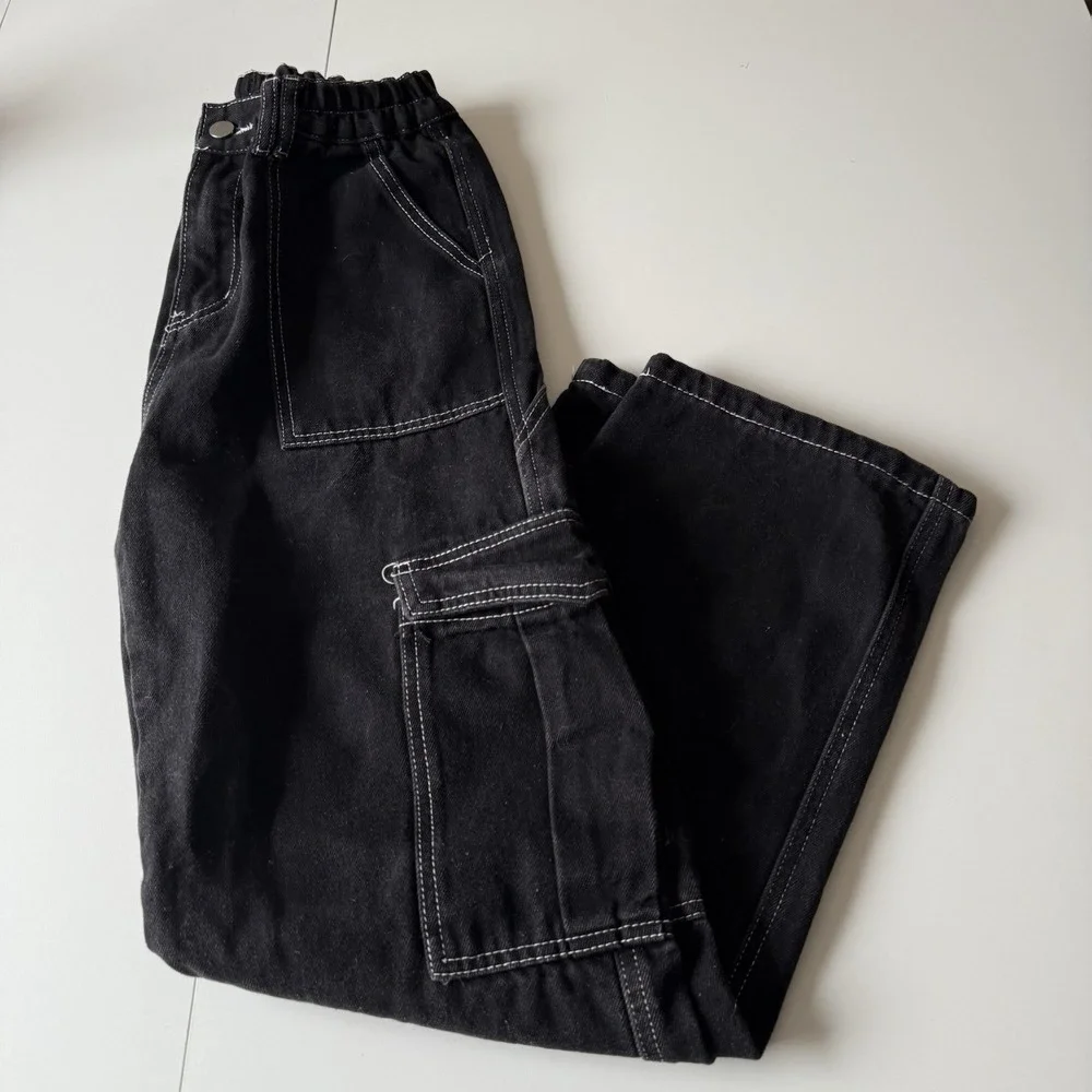 Women's Black Cargo Pants White Stitching Stretchy, Pockets Size‎ Small